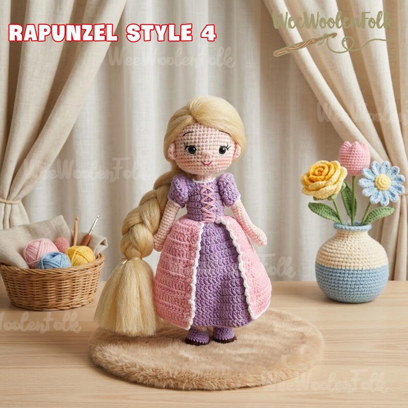 May include: A handmade crochet doll in the style of Rapunzel, wearing a purple and pink dress. The doll has long blonde hair and is standing on a faux fur rug. The text "RAPUNZEL STYLE 4" is at the top of the image.