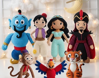 Peluche de Aladdín hecho a mano, muñecos de Aladdín y Jazmín, peluche de Jafar, muñeco de ganchillo del Genio, peluche del pájaro Lago, peluche de Abu Rajah, juguetes personalizados para niños