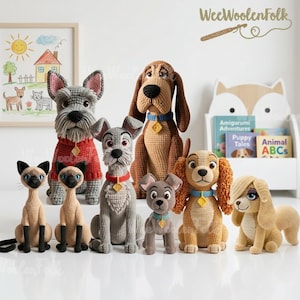 May include: A collection of crocheted animal figures including two Siamese cats, a grey schnauzer in a red sweater, a brown hound, a grey terrier, a small grey puppy, a tan spaniel, and a light tan dog, all featuring embroidered details.
