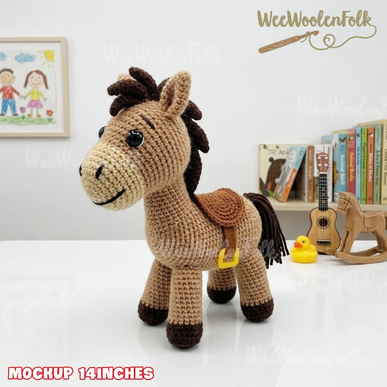 May include: A crocheted horse toy in shades of brown, tan, and dark brown, with a saddle and a yellow buckle. The toy is approximately 14 inches tall. The horse has a dark brown mane and tail, and black eyes.