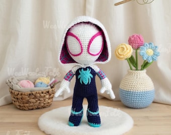 Handmade Ghost Spider Crochet Doll, Crochet Gwen Stacy Amigurumi, Custom Super Hero Plush Doll, Baby Girl Gift, Team Spidey Stuffed Toys
