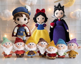 Snow White And The Seven Dwarfs Plush, Crochet Evil Queen Plush, Prince Florian Plush, Snow White Amigurumi, Grumpy Sleepy Bashfull Plush