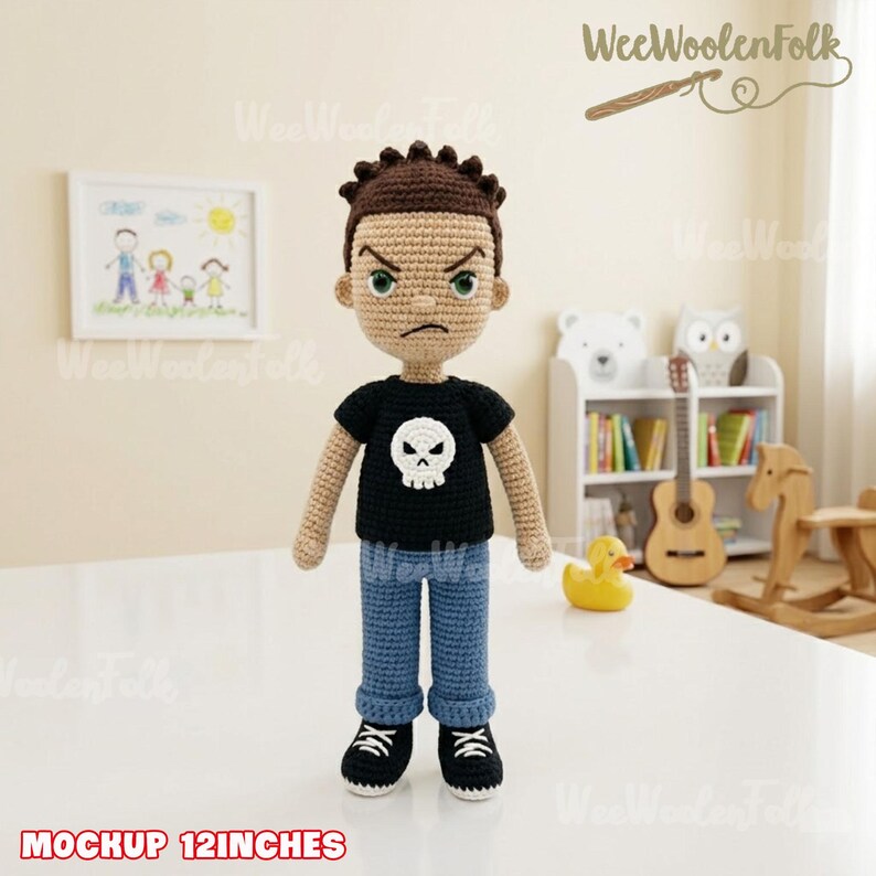 May include: A handmade crochet doll of a boy with brown hair, green eyes, and an angry expression. He wears a black t-shirt with a white skull, blue jeans, and black sneakers. The doll is approximately 12 inches tall.