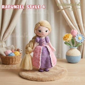 May include: A handmade crochet doll in the style of Rapunzel, wearing a purple and pink dress. The doll has long blonde hair and is standing on a faux fur rug. The text "RAPUNZEL STYLE 4" is at the top of the image.