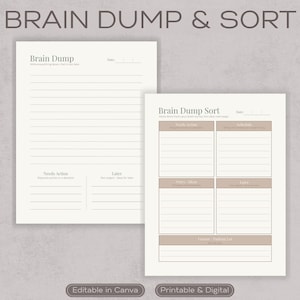 May include: Two printable planner pages with the text "Brain Dump & Sort". The pages are beige with brown text and design elements. One page is for a brain dump, and the other is for sorting ideas.