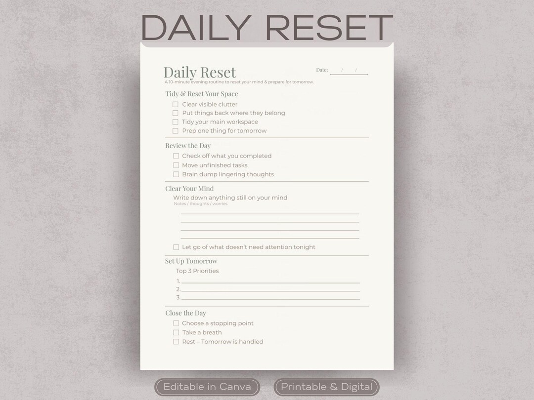 Daily Reset Checklist Printable | End of Day Routine Planner ...