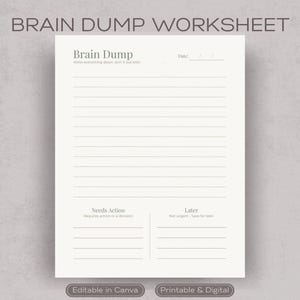 Puede incluir: Una hoja de trabajo Brain Dump de color crema con el título en la parte superior. La hoja de trabajo incluye secciones para notas, fecha y elementos de acción. El texto "Editable in Canva" y "Printable & Digital" está en la parte inferior.