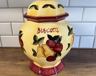 Tarro de cerámica para galletas Biscotti Nonni's, bote para galletas, color amarillo burdeos.