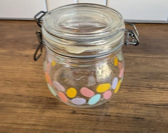 VTG ARC France 1/2 L Glass Storage Canning Jar Easter Jelly Beans Spring Pastel
