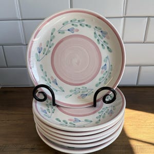 May include: A set of six white ceramic plates featuring a pink central design and rim, decorated with green leaves and blue floral details. The plates are presented on a black metal stand, with a white tiled backdrop.