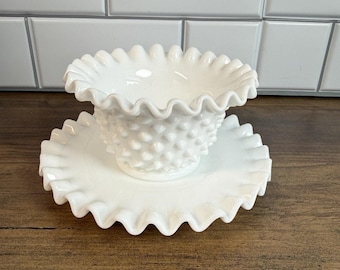 Vintage White Milk Glass Hobnail Open Sugar Bowl & Underplate Ruffled