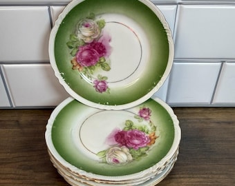 Antique Eagle China Austria 6.25" Bread Plates Set/6 Vintage Hand Painted Rose