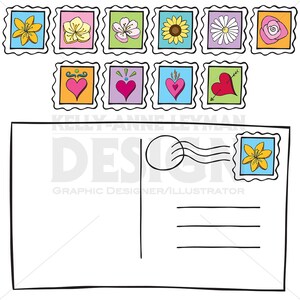 Doodle Postcard Postage Stamp Clipart, Hand drawn Flowers and Hearts, Clip Art Set, Commercial Use, Digital Download Art, Vector Graphics