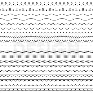 May include: A set of 18 black and white decorative lines and borders. The lines include wavy, zig-zag, dotted, dashed, and straight lines.