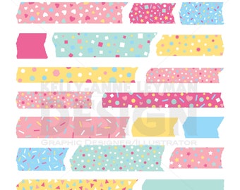May include: A set of 12 washi tape strips with various colorful patterns, including hearts, stars, confetti, polka dots, and geometric shapes. The tape is perfect for adding a touch of whimsy to planners, journals, and other craft projects.