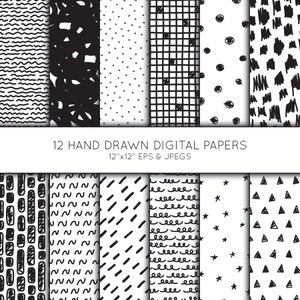 Hand drawn Scrapbook paper, Doodle digital paper, Black and White, background, Minimalist, Abstract, Vector Graphics, commercial use