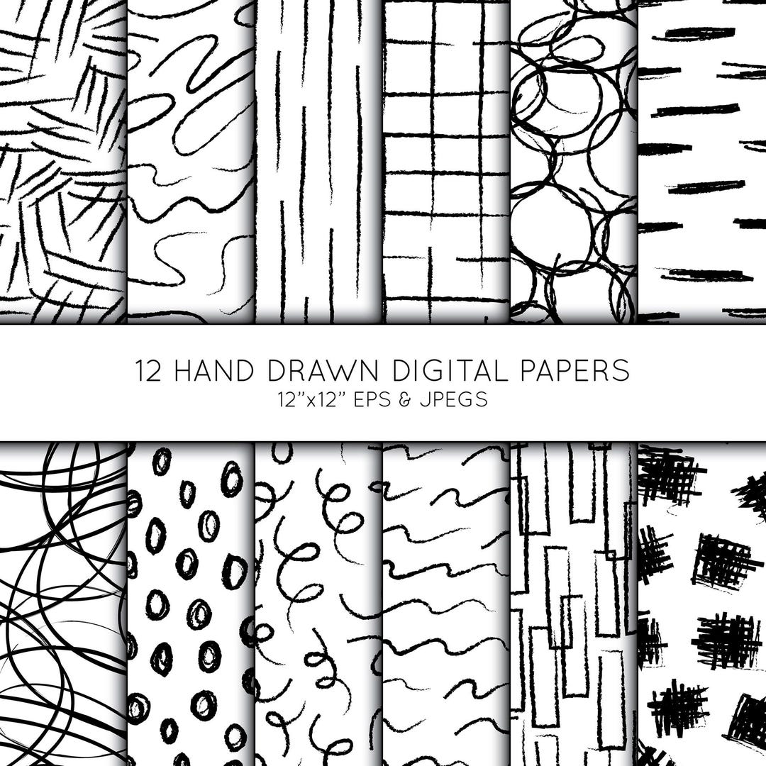 Hand Drawn Scrapbook Paper, Doodle Digital Paper, Grid, Black and White ...