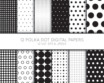 Dot Digital Paper, Polka Dot Scrapbook paper, Black and White, Dot digital paper pack, Vector Graphics, background, commercial use