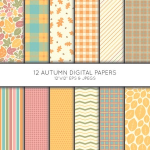 May include: Twelve digital papers in autumn colours with various patterns, including plaid, stripes, leaves, and polka dots. The papers are 12 inches by 12 inches and are available in EPS and JPEG formats.