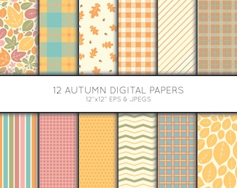 May include: Twelve digital papers in autumn colors with various patterns, including plaid, stripes, leaves, and polka dots. The papers are 12 inches by 12 inches and are available in EPS and JPEG formats.
