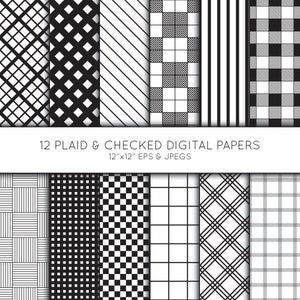 Plaid Digital Paper, Buffalo Plaid Scrapbook paper, check digital paper pack, Black and White, background, Vector Graphics, commercial use