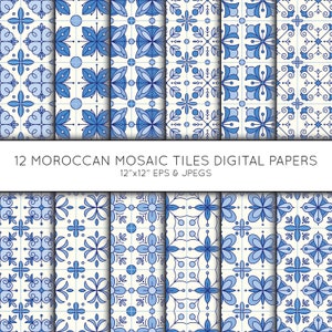 May include: Twelve digital paper designs featuring blue and white Moroccan mosaic tile patterns. Each pattern is 12 inches by 12 inches and available in EPS and JPEG formats.