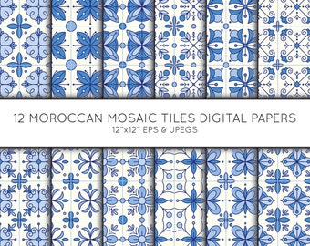 Blue tile scrapbook paper, digital paper pack, Moroccan, Italian, Spanish tile background, Vector Graphics, digital download, commercial use