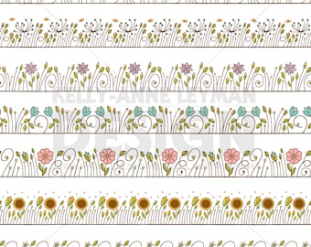 Floral Doodle Border Clipart, Seamless Flower Frame (Digital Download)