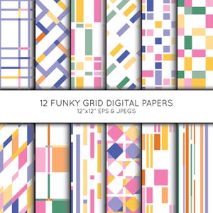 May include: A collection of 12 digital papers with colorful geometric grid patterns. The designs feature various shapes and colors, including blue, pink, yellow, and green, arranged on a white background. The text reads "12 FUNKY GRID DIGITAL PAPERS 12"x12" EPS & JPEGS."