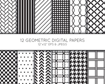 Geometric Digital Paper, Geometric Scrapbook paper, Black and White, digital paper pack, background, Vector Graphics, commercial use