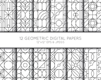 Geometric Digital Paper, Geometric Scrapbook paper, Black and White, background, digital paper pack, Vector Graphics, commercial use