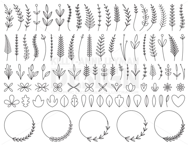 May include: A set of 100 black and white line art floral illustrations. The illustrations include various types of leaves, flowers, and branches. The illustrations are perfect for adding a touch of nature to your designs.