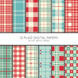 May include: Twelve digital paper patterns featuring plaid designs in red, blue, and cream colors. The patterns are 12 inches by 12 inches and are available in EPS and JPEG formats.