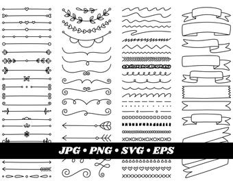 Elementos de diseño dibujados a mano, clipart de borde, divisores, cintas, adornos, garabatos, uso comercial, gráficos vectoriales, descarga instantánea