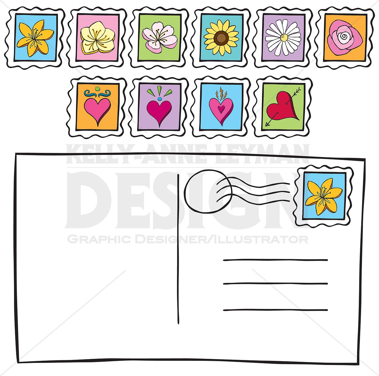 Doodle Postcard Postage Stamp Clipart, Hand drawn Flowers and Hearts