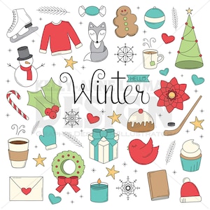 Objets de Noël hiver Doodle, ensemble de cliparts dessinés à la main, clipart rétro, usage commercial, téléchargement numérique, graphiques vectoriels, téléchargement immédiat