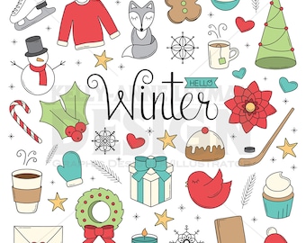 Christmas Winter Doodle objects, Hand drawn Clip Art Set, Retro Clipart, Commercial Use, Digital Download, Vector Graphics, Instant Download