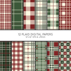May include: A selection of 12 digital plaid papers, each measuring 30.48cm x 30.48cm, showcasing diverse patterns and colours like red, green, and cream. Available in EPS and JPEG formats, the image presents a range of traditional plaid designs.
