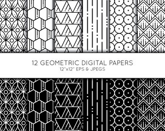 Geometric Digital Paper, Geometric Scrapbook paper, Black and White, digital paper pack, background, Vector Graphics, commercial use