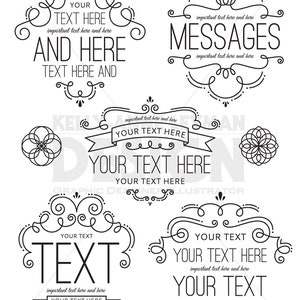May include: A set of six black and white graphic design elements with ornate flourishes and text placeholders. The text includes "Your Text Here", "Messages", "And Here", and "Text Here And".