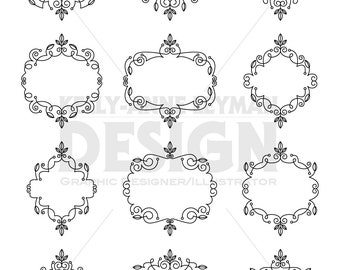 Marcos de etiquetas digitales con diseño de remolinos y adornos, gráficos vectoriales (descarga digital)