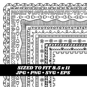 May include: Black and white digital design with decorative borders featuring the words "FAMILY" and "LOVE" with hearts and floral elements. The design is sized to fit 8.5 x 11 inches and is available in JPG, PNG, SVG, and EPS formats.