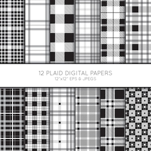 Plaid Digital Paper, Buffalo Plaid Scrapbook paper, Black and White, check digital paper pack, background, Vector Graphics, commercial use