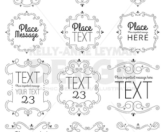 Puede incluir: Un conjunto de nueve marcos decorativos en blanco y negro con adornos ornamentados. Los marcos están diseñados para agregar texto, como un monograma, un mensaje o una fecha. Los marcos son perfectos para agregar un toque de elegancia a cualquier proyecto.