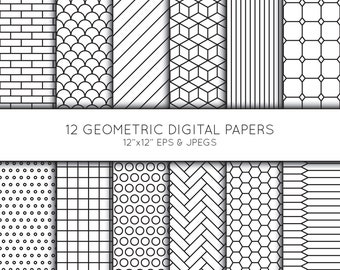 Geometric Digital Paper, Geometric Scrapbook paper, Black and White, digital paper pack, background, Vector Graphics, commercial use