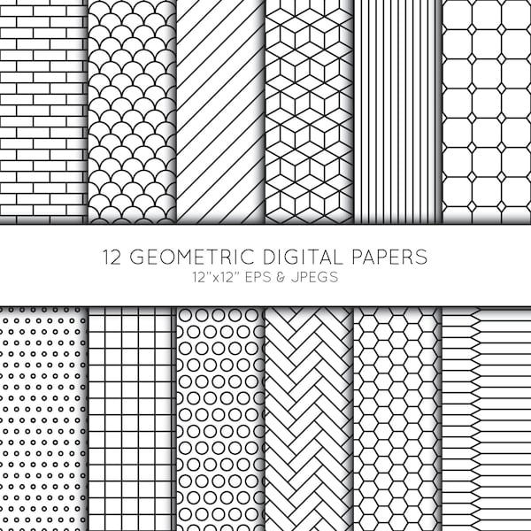 Geometric Digital Paper, Geometric Scrapbook paper, Black and White, digital paper pack, background, Vector Graphics, commercial use