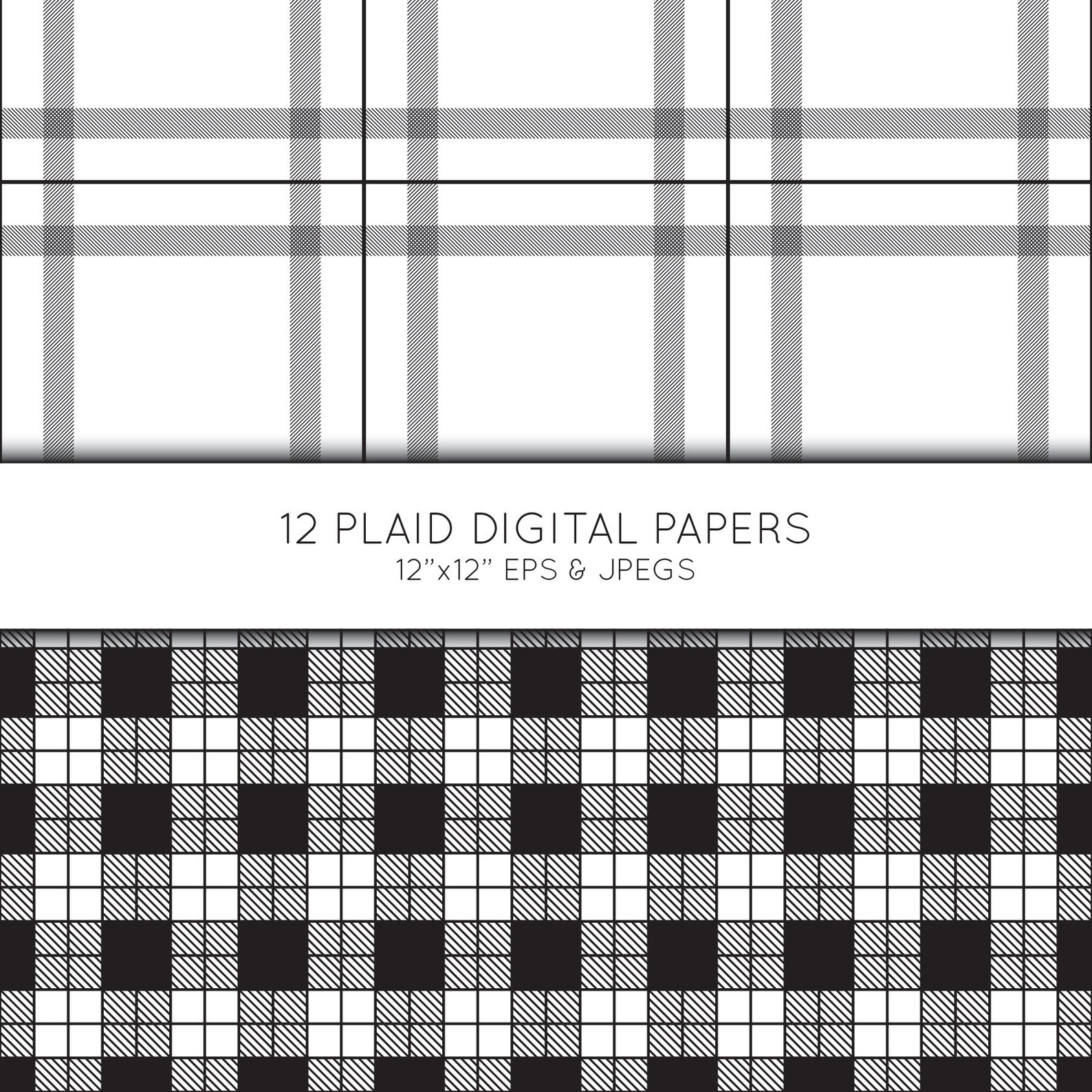 Plaid Digital Paper, Buffalo Plaid Scrapbook Paper, Black and White ...