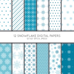 May include: Twelve digital paper designs featuring snowflake patterns in blue and white. The papers are 12 inches by 12 inches and are available in EPS and JPEG formats.