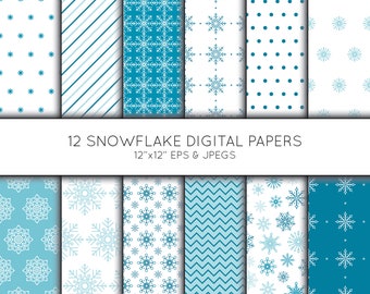 May include: Twelve digital paper designs featuring snowflake patterns in blue and white. The papers are 12 inches by 12 inches and are available in EPS and JPEG formats.