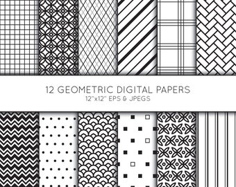 Geometrisch Digitales Papier, Geometrisch Scrapbook Papier, Schwarz Weiss, digital Papier packung, Hintergrund, Vektorgrafik, für kommerzielle Nutzung